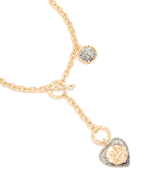 Antique Gold & Dark Blue Heart & Disc Y-Necklace