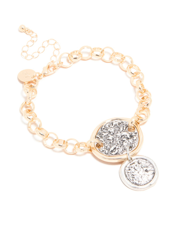 Mixed Metal Textured Disc Drop Charm Bracelet