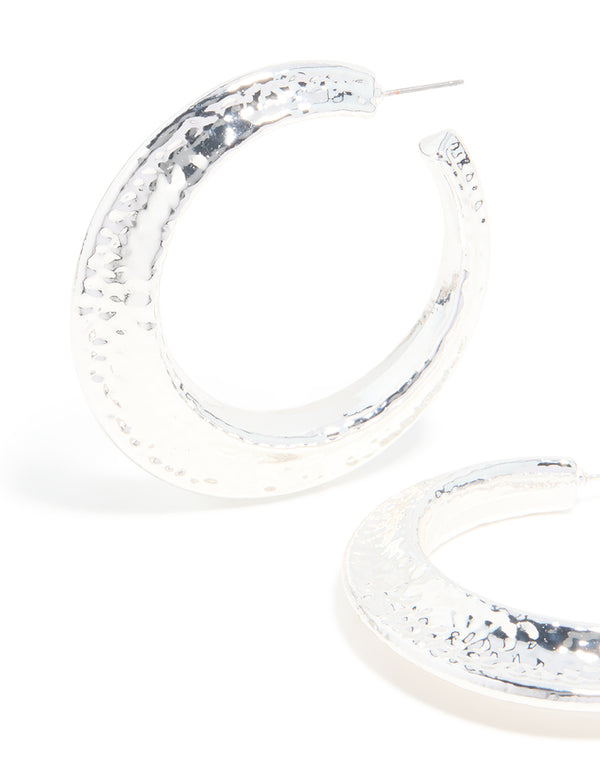Silver Hammered Textured Hoop Earrings