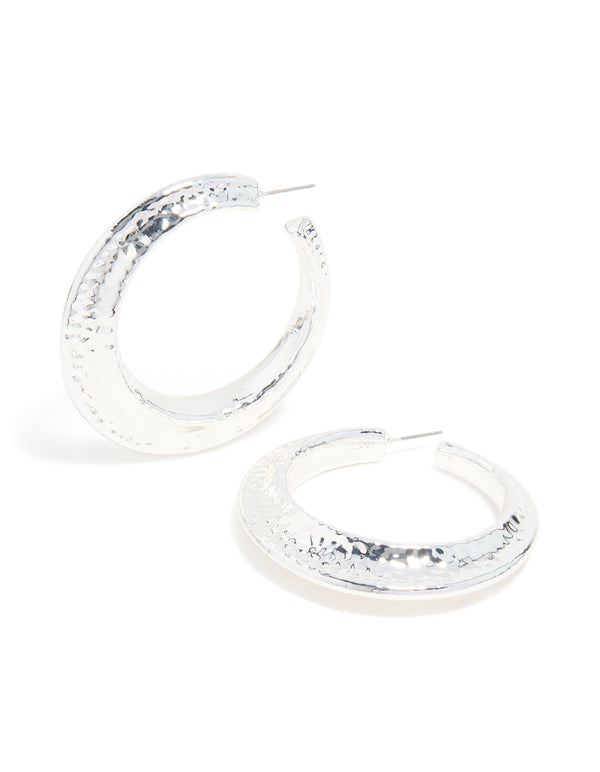 Silver Hammered Textured Hoop Earrings