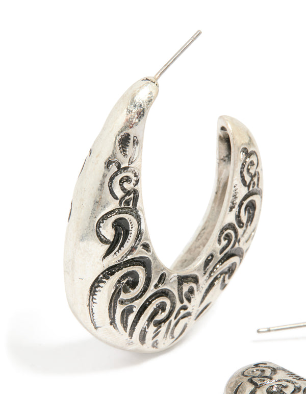 Silver Swirl Detail Hoop Earrings