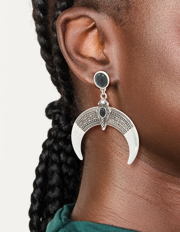 Antique Silver Black Stone Moon Drop Statement Earrings