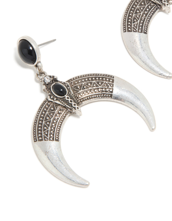 Antique Silver Black Stone Moon Drop Statement Earrings