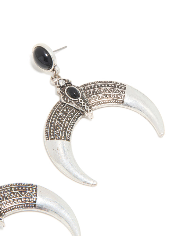 Antique Silver Black Stone Moon Drop Statement Earrings