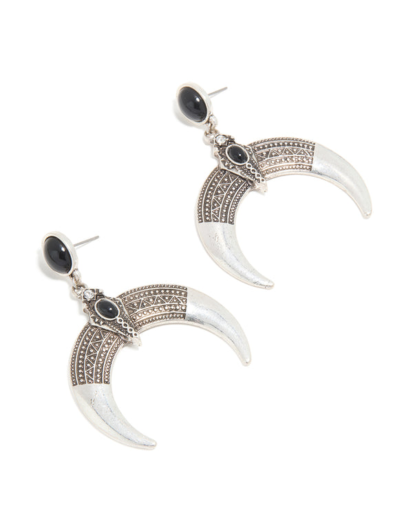 Antique Silver Black Stone Moon Drop Statement Earrings