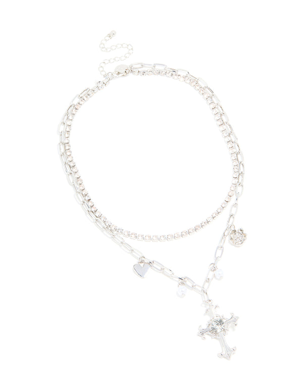 Silver Diamante & Pearl Cross Layered Necklace