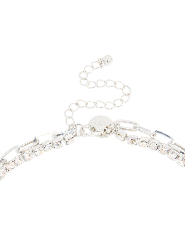 Silver Diamante & Pearl Cross Layered Necklace
