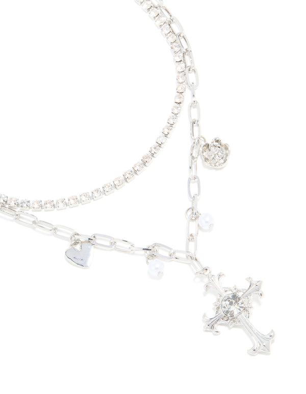 Silver Diamante & Pearl Cross Layered Necklace