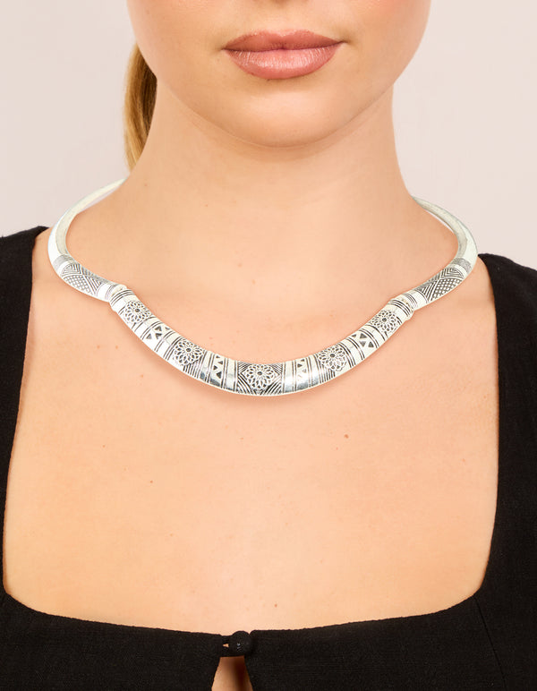 Antique Silver Textured Patterned Adjustable Choker Necklace