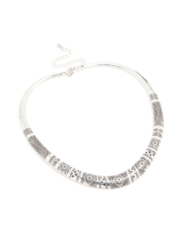 Antique Silver Textured Patterned Adjustable Choker Necklace