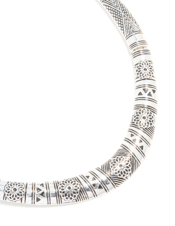 Antique Silver Textured Patterned Adjustable Choker Necklace