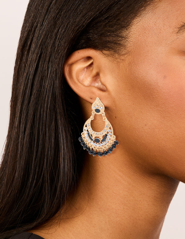 Gold Black Acrylic Diamante Drop Earrings