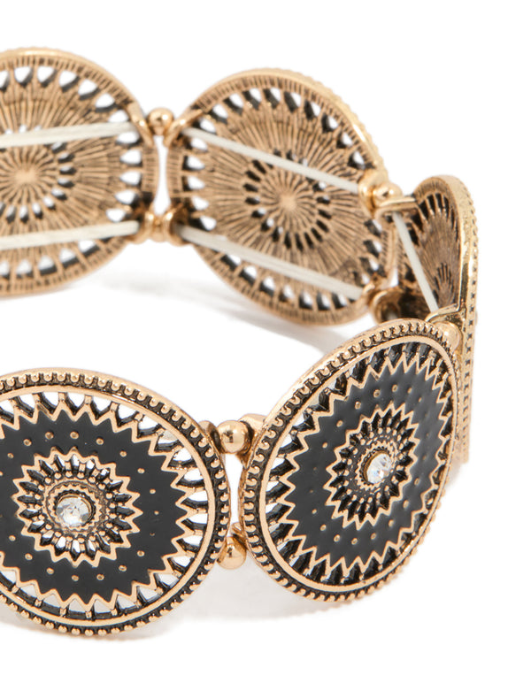 Antique Gold Diamante Centre Boho Disc Stretch Bracelet