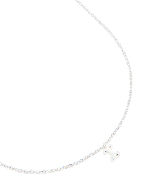 Elegant bubble letter I initial pendant necklace crafted from waterproof stainless steel in silver close up view