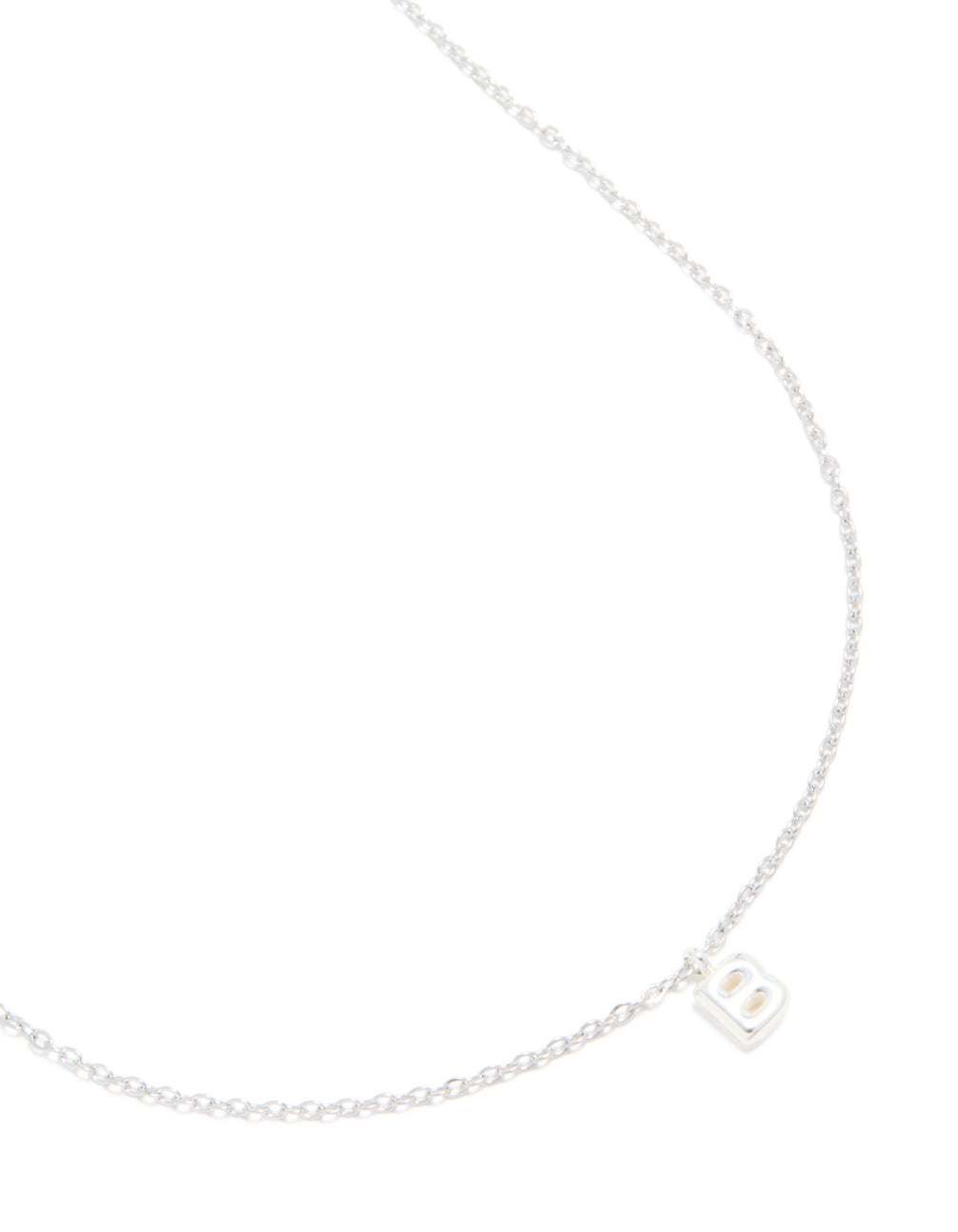 Showcasing a waterproof stainless steel mini bubble letter B necklace with initial pendant front view