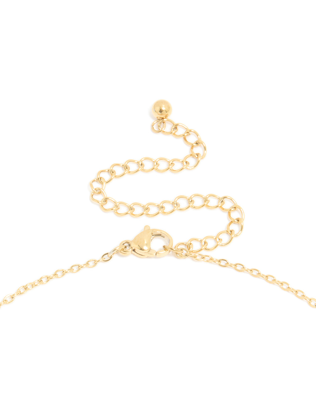 Highlighting a waterproof bubble letter H necklace crafted from gold plated stainless steel with lobster clasp detail view