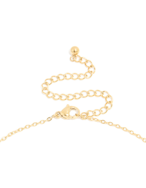 Highlighting a waterproof bubble letter H necklace crafted from gold plated stainless steel with lobster clasp detail view