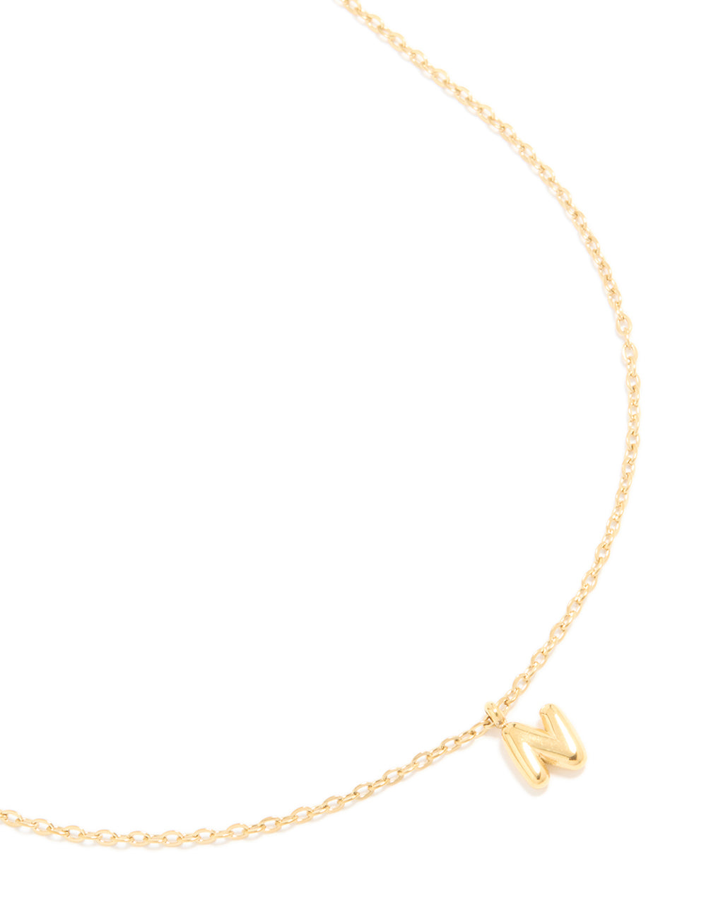 Showcasing a waterproof bubble letter N initial pendant necklace crafted from stainless steel with gold plated finish close up view