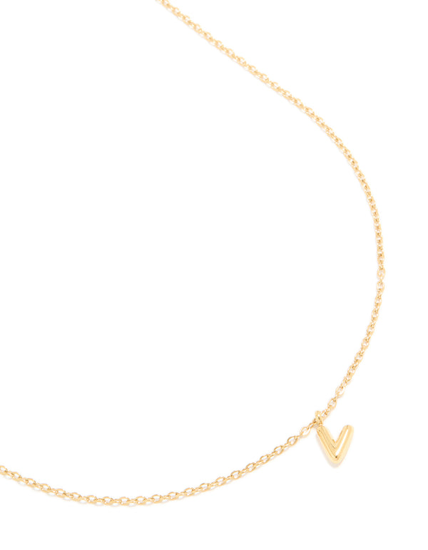 Delicately crafted waterproof mini bubble letter V necklace with initials pendant in gold plated stainless steel close up view