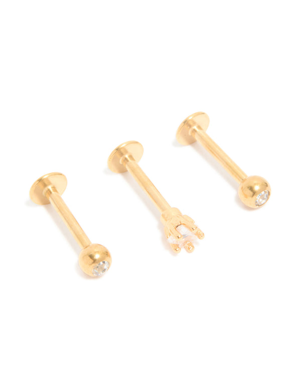 Gold Plated Surgical Steel Cubic Zirconia Round Flat Back Studs 3-Pack