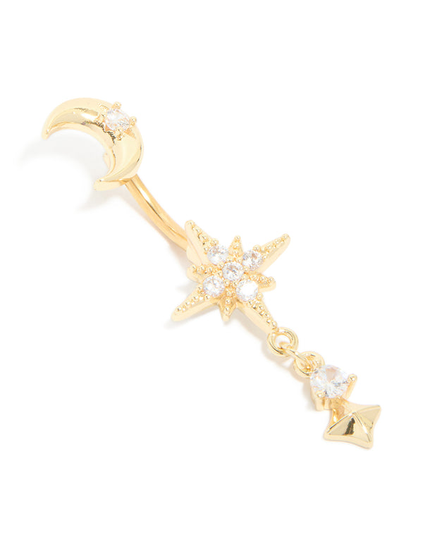 Gold Plated Surgical Steel Celestial Cubic Zirconia Belly Bar
