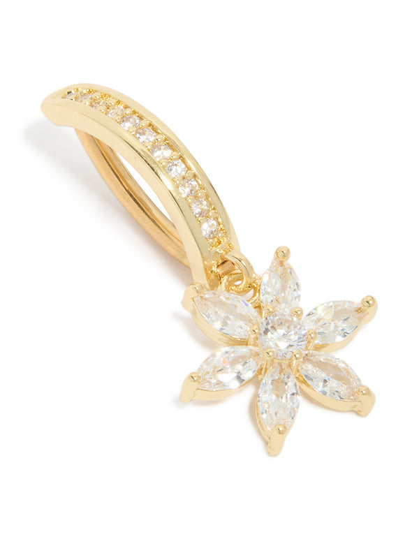 Gold Plated Surgical Steel Curved Cubic Zirconia Flower Belly Ring