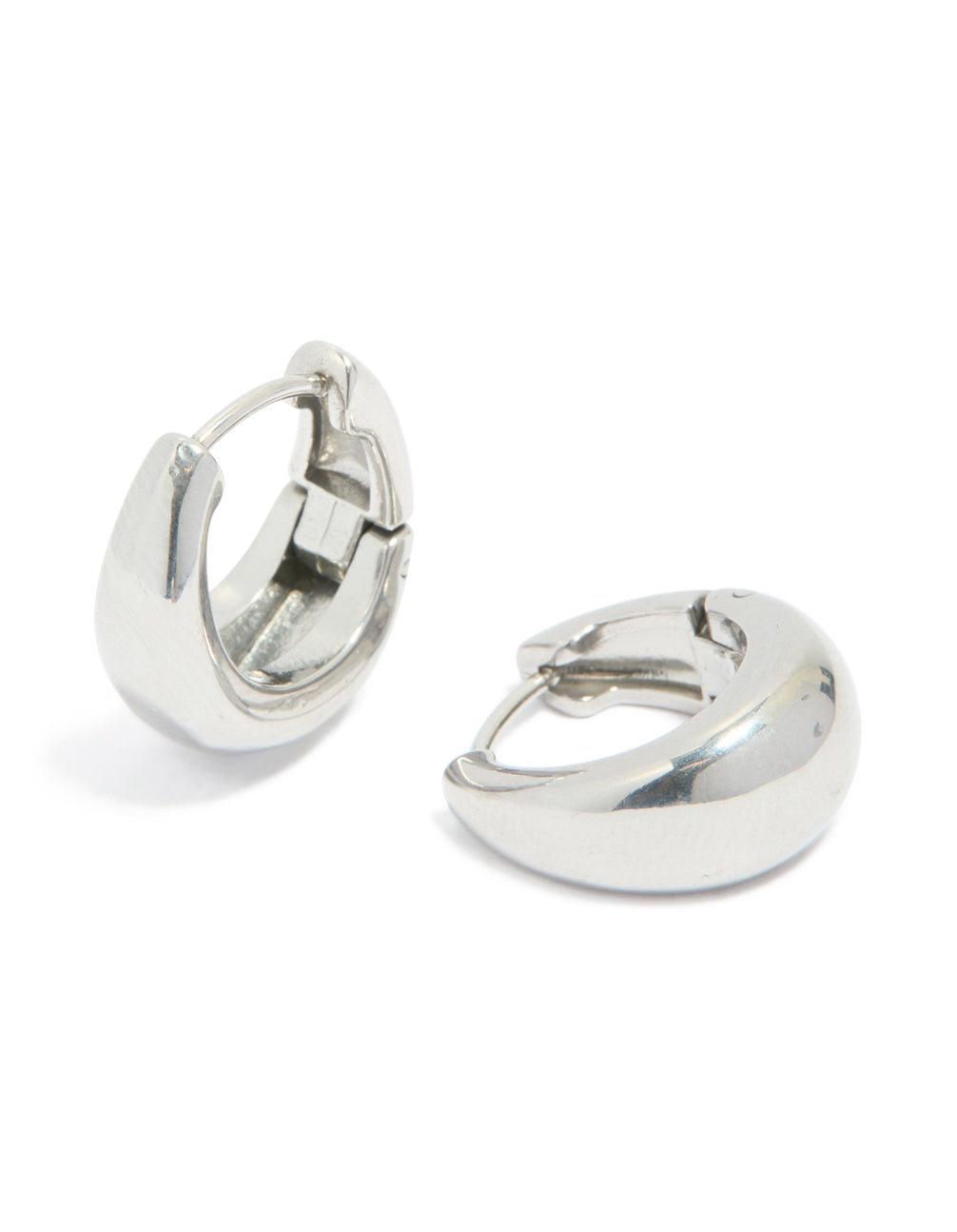 Featuring surgical steel bold oval hoop earrings in silver front view