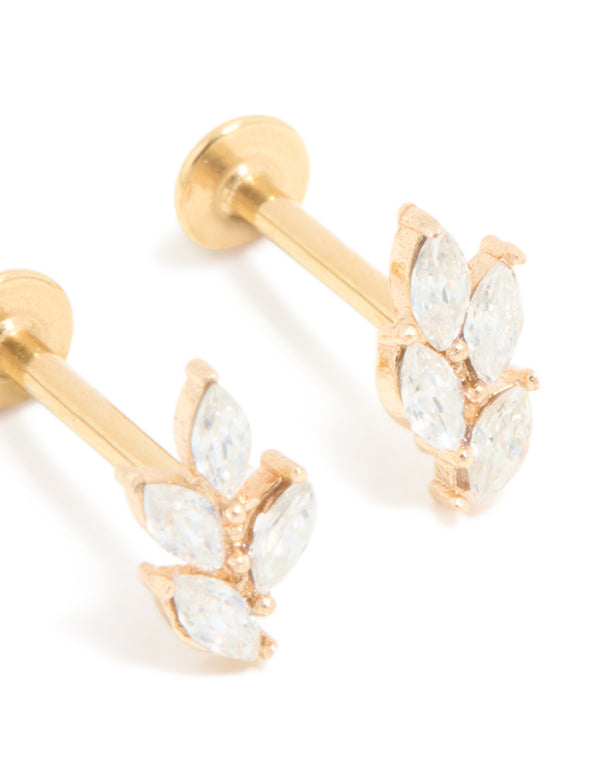 Gold Plated Surgical Steel Cubic Zirconia Mini Leaf Flat Back Earrings