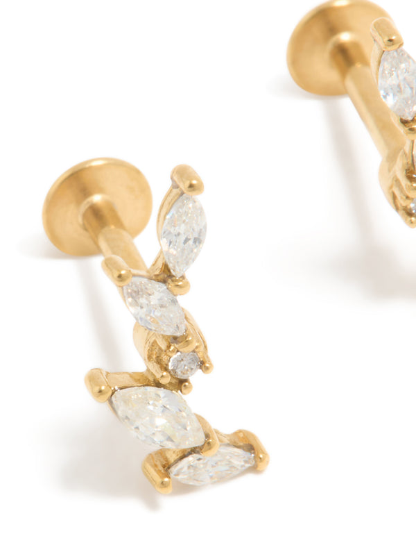 Gold Plated Surgical Steel Cubic Zirconia Leaf Crawler Flat Back Studs