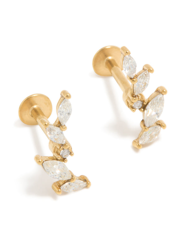 Gold Plated Surgical Steel Cubic Zirconia Leaf Crawler Flat Back Studs