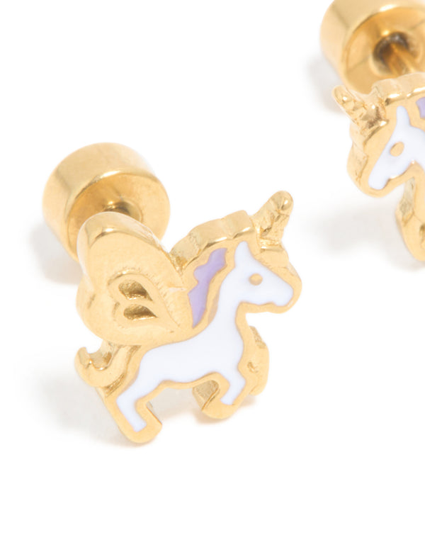 Kids Gold Plated Surgical Steel Magic Unicorn Flat Back Studs