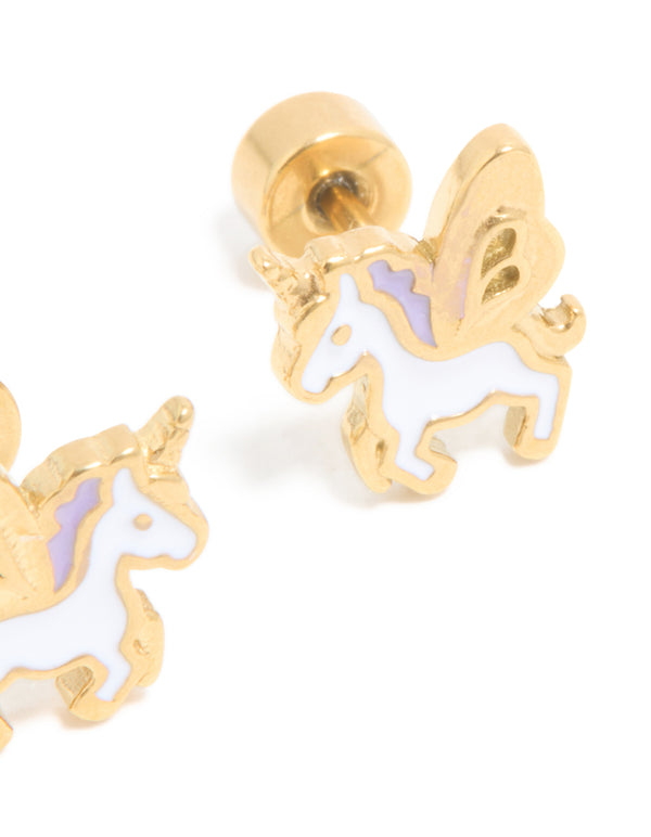Kids Gold Plated Surgical Steel Magic Unicorn Flat Back Studs