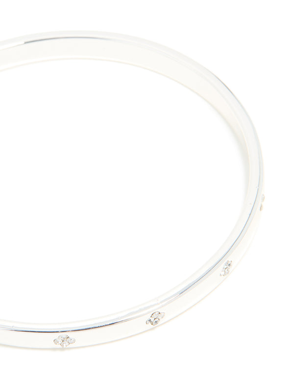 Silver Plated Diamante Flower Bangle