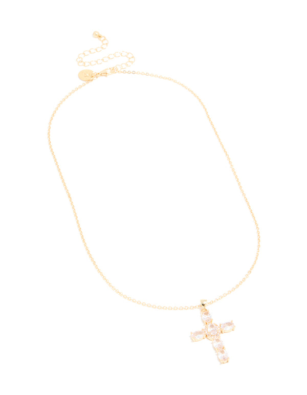 Gold Plated Cubic Zirconia Large Oval Cross Necklace