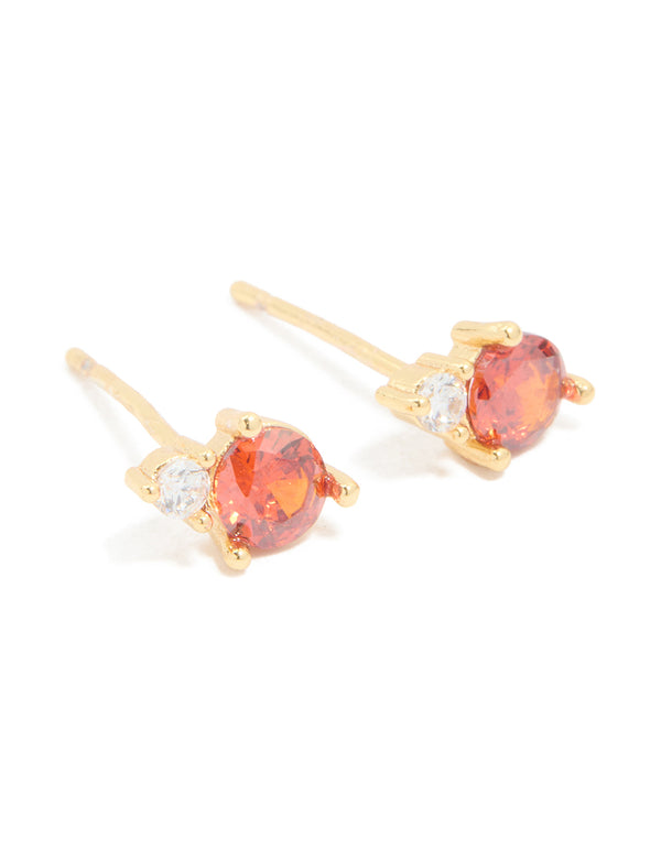 Waterproof Gold Plated Stainless Steel Cubic Zirconia Duo January Birthstone Stud Earrings