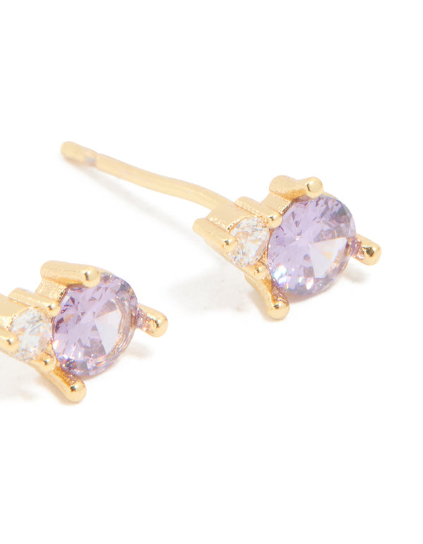 Waterproof Gold Plated Stainless Steel Cubic Zirconia Duo February Birthstone Stud Earrings