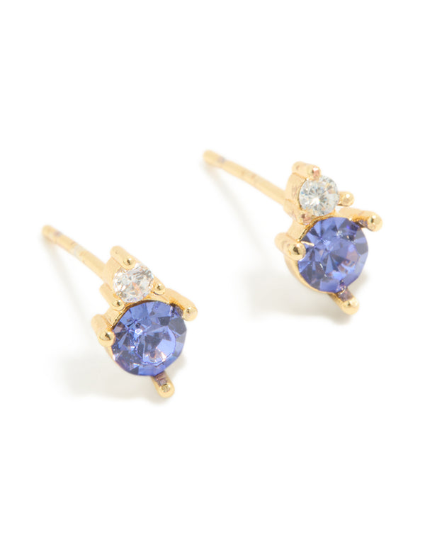 Waterproof Gold Plated Stainless Steel December Cubic Zirconia Birthstone Duo Stud Earrings
