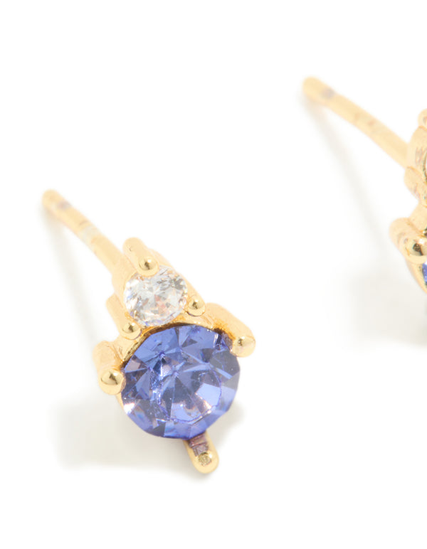 Waterproof Gold Plated Stainless Steel December Cubic Zirconia Birthstone Duo Stud Earrings