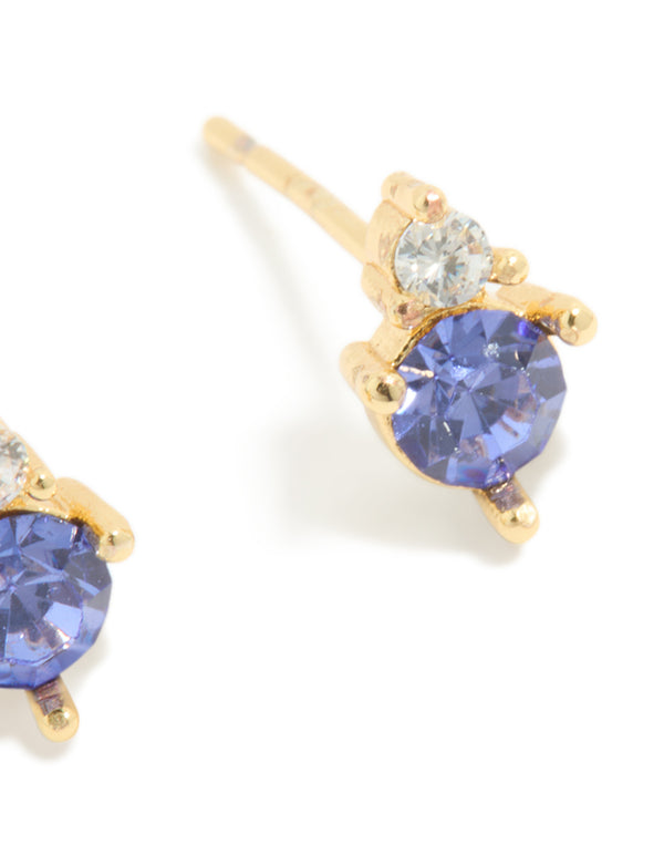 Waterproof Gold Plated Stainless Steel December Cubic Zirconia Birthstone Duo Stud Earrings