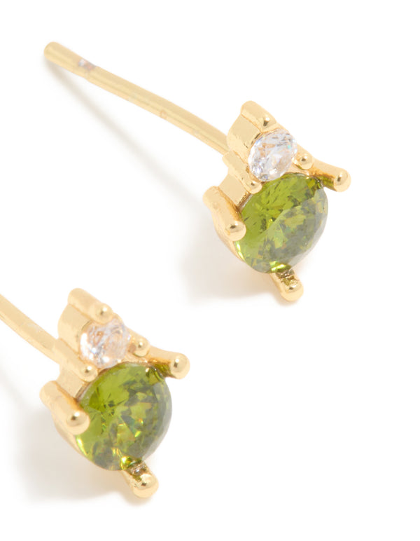 Presenting waterproof gold plated stainless steel August cubic zirconia birthstone duo stud earrings post detail view