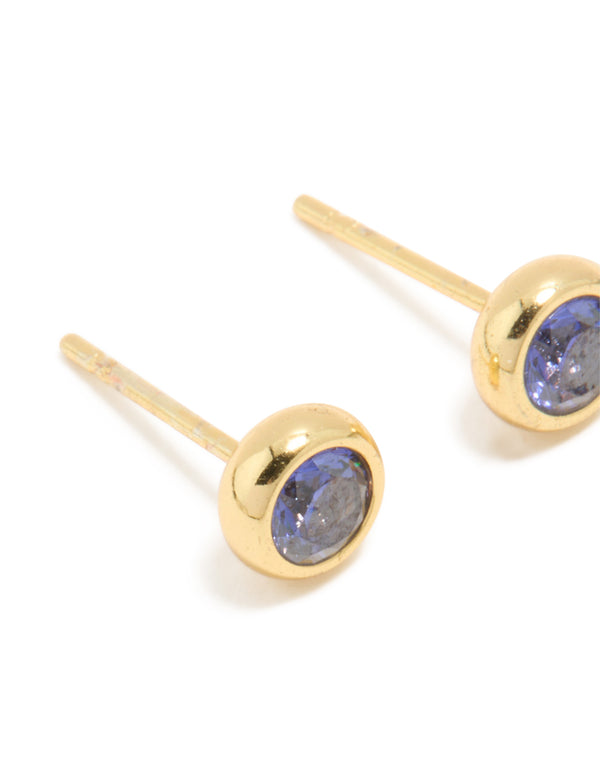 Waterproof Gold Plated Stainless Steel Tanzanite Cubic Zirconia December Birthstone Bezel Earrings