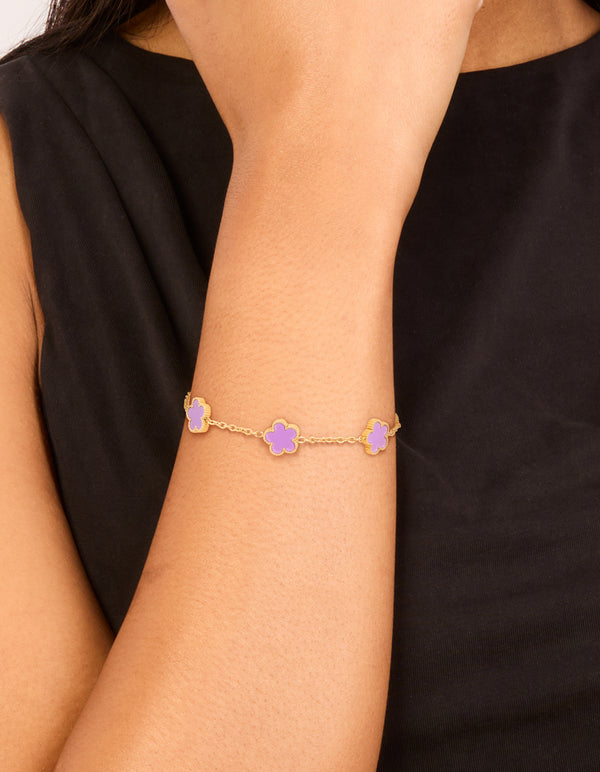 Waterproof Gold Plated Stainless Steel Light Purple Petal Flower Charm Bracelet