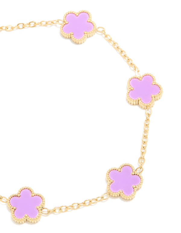 Waterproof Gold Plated Stainless Steel Light Purple Petal Flower Charm Bracelet