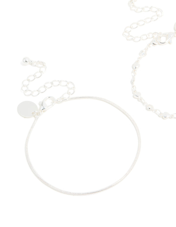 Silver Snake Chain & Heart Chain Bracelets 2-Pack