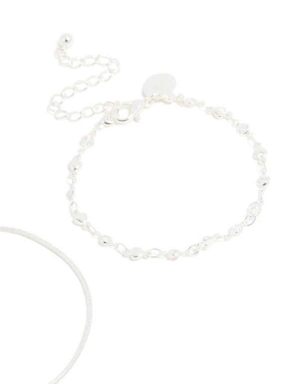 Silver Snake Chain & Heart Chain Bracelets 2-Pack