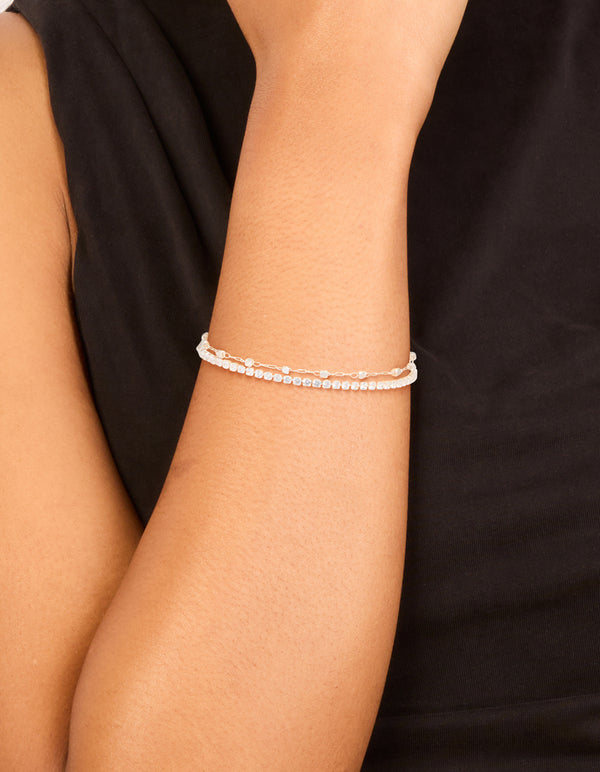 Silver Diamante Cup Chain & Link Chain Layered Bracelet