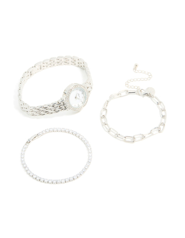 Silver Watch & Diamante Chain Bracelets Set