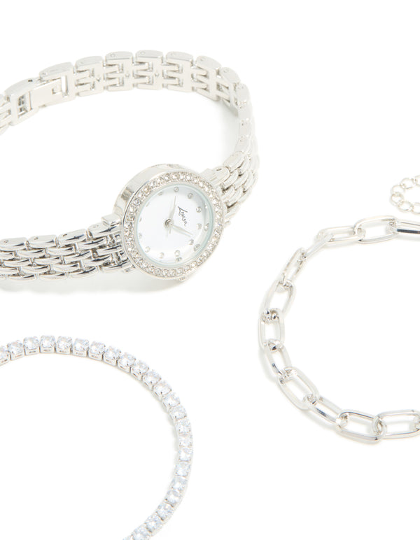 Silver Watch & Diamante Chain Bracelets Set