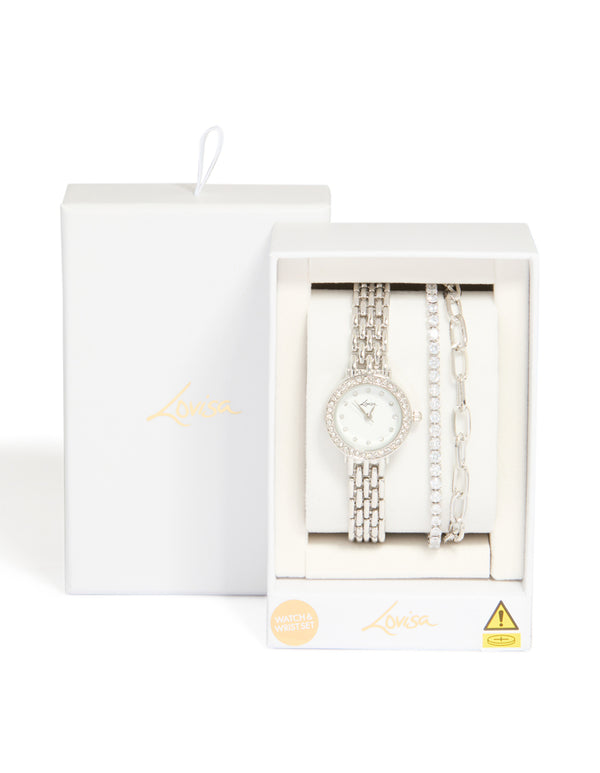 Silver Watch & Diamante Chain Bracelets Set