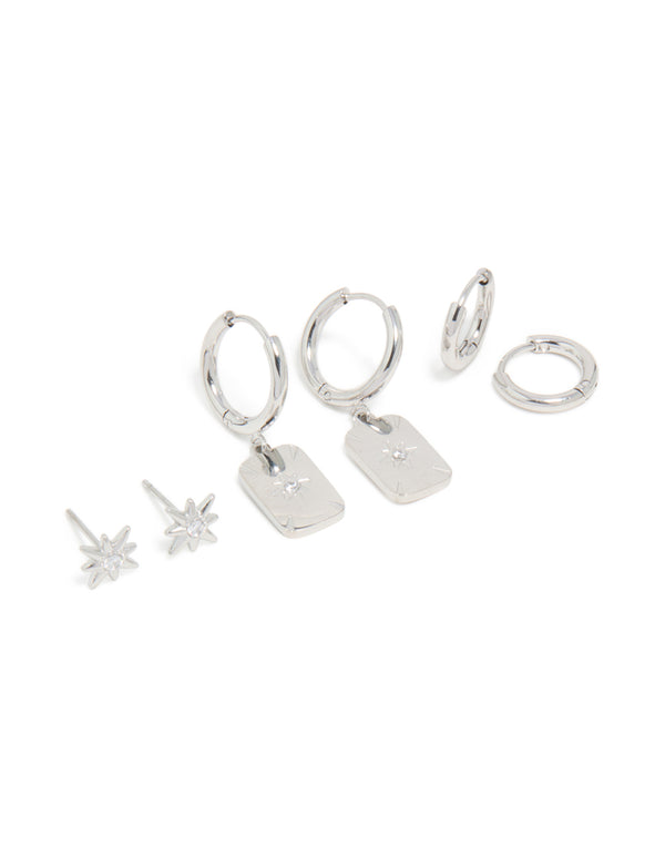 Discover waterproof stainless steel star and disc earrings in a 3-pack with celestial featuring stud and huggie closure in silver front view